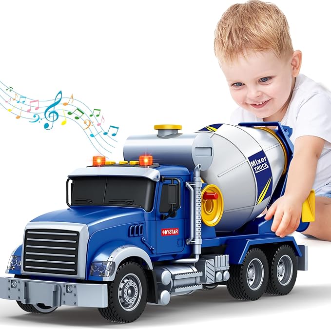 Kids Toys for 3 4 5 6 7 8 Years Old Boys, 15" Large Cement Mixer Truck Toy with Lights, Sounds, Blue Toddler Friction Powered Truck Vehicle Toy for Boys Girls Christmas Birthday Gifts