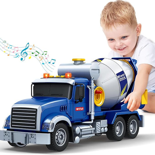Kids Toys for 3 4 5 6 7 8 Years Old Boys, 15" Large Cement Mixer Truck Toy with Lights, Sounds, Blue Toddler Friction Powered Truck Vehicle Toy for Boys Girls Christmas Birthday Gifts