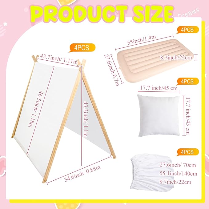 Teepee Tent for Kids with Inflatable Airbed, Fitted Sheet and Pillow Inserts Toddler Play Tent White Washable Foldable for Indoor Outdoor Boys Girls Slumber Party Sleepover Playhouse(4 Sets)