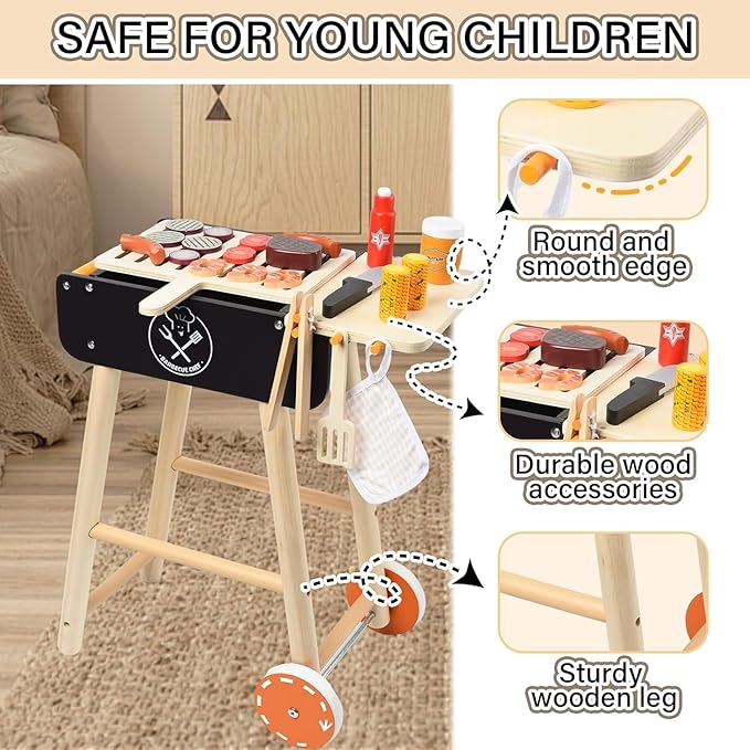 MerryPony Wooden Play Barbecue Toy Grill, Kids BBQ Grill Playset with Play Food and Grilling Tools, Kids Cooking Sets, Outdoor Play Kitchen Set, Pretend Play Kitchen Accessories Toddlers Age 3+