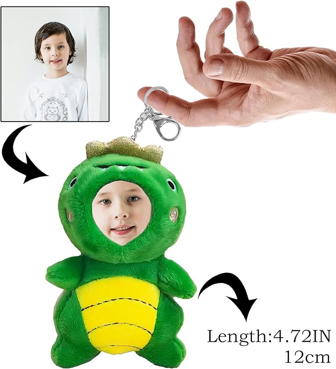 Personalized Dinosaur Stuffed Animal Key Chain – Customizable Dinosaurs Plush Toy, Gift with Your Face Photo,5 inches