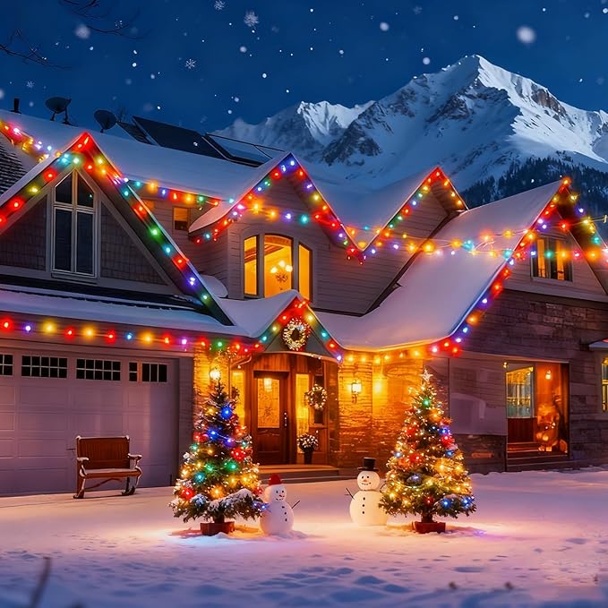 100Ft C7 LED Christmas String Lights Outdoor, Multicolor Christmas Decorations Lights with 100+5 Colored C7 LED Bulbs, Vintage Decor Light for Xmas Tree Home Yard Party Decor, E12 Base, Green Wire