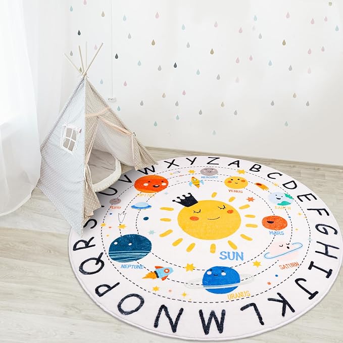 ABC Kids Rug,5.2 ft Washable Nursery Rug,Soft Plush Educational Circle Rug,Non-Slip Solar System Alphabet Rug for Classroom playroom Bedroom Kids Room Decor