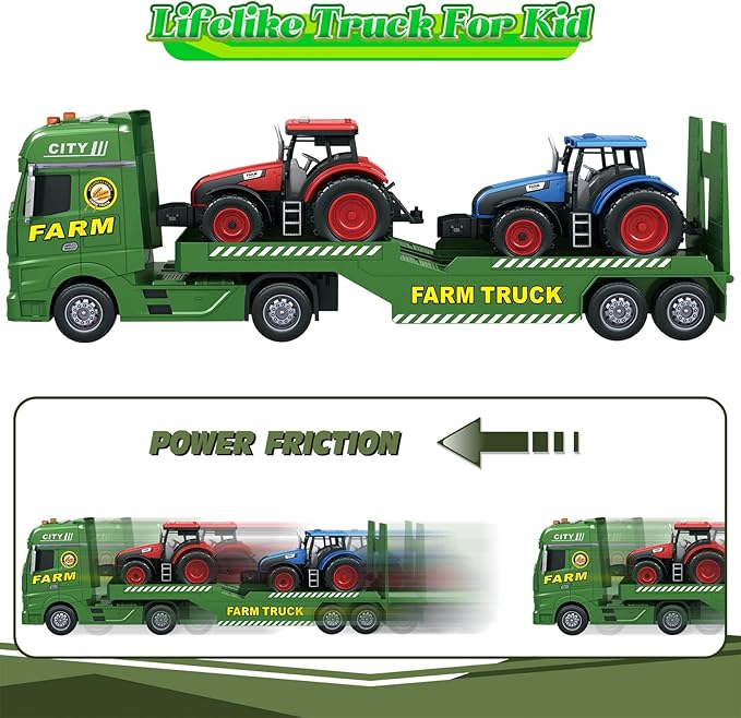 3-in-1 Farm Truck Toys for Kids Ages 3-6 - Inertia Semi Trailer with Tractor & Farm Vehicle, Light and Sound Play Set
