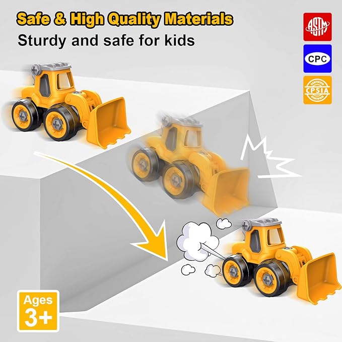 Take Apart Construction Truck Toys for Kids Ages 3-8 | STEM Learning Building Kit with Electric Drill Tool & Puzzle Play | Educational Engineering Toys Gift for Boys Girls Toddlers (Birthday, Holiday)