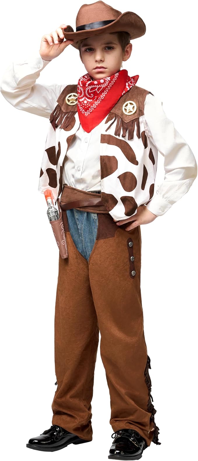 Spooktacular Creations Halloween Cowboy Costume for Boys, Kids White Brown Western Costume, Deluxe Cowboy Outfit Set with Hat for Toddler Halloween Dress-up, RolePlay Themed Party (3T, 3-4 yrs)