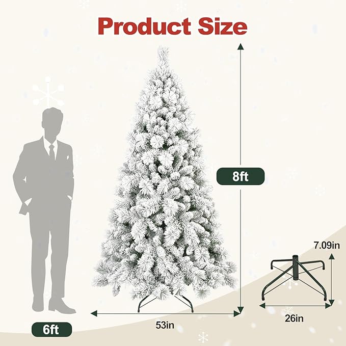 8 Ft Unlit Snow Flocked Christmas Tree, Artificial Xmas Tree with 1445 PVC/PE Realistic Branch Tips, Metal Stand Decor for Holiday, Party, Home Easy to Assemble