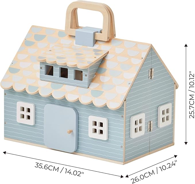 Olivia's Little World Wooden Cottage Dollhouse with 12 Accessories & 4 Figurines – Portable 2-Story Playhouse for 3.5" Dolls – Foldable Miniature Toy House for Girls Ages 3+