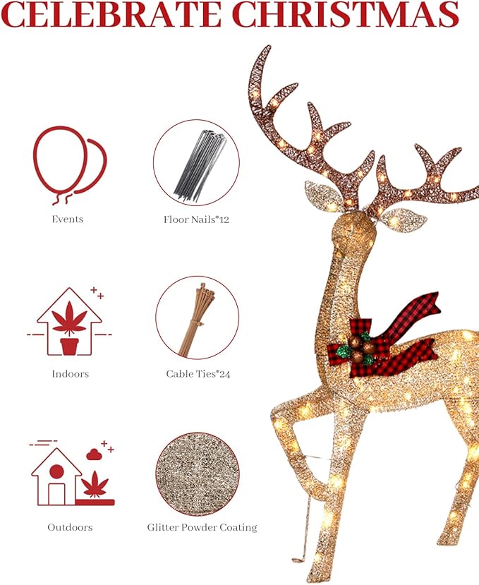 3-Piece Large Lighted Christmas Deer Family Set, 3D Reindeer Christmas Indoor and Outdoor Decoration with 225 Warm White LED Lights, Ground Pegs, Cable Ties. Suitable for Patio Garden Party-Champagne