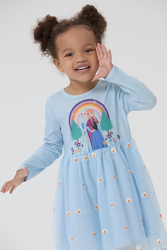 Disney Frozen Elsa Princess Cinderella Ariel Jasmine Rapunzel Baby/Toddler Dress, Ruffle Long-Sleeve Mesh Overlay Tulle Dress