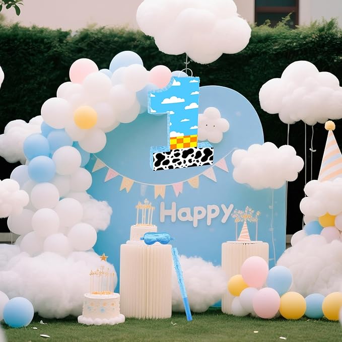 16 Inch Number 1 White Cloud Pinata with 16 Inch Piñata Stick Blindfold Confetti for Boy Girl Kids 1st Birthday Party Decorations(1st)