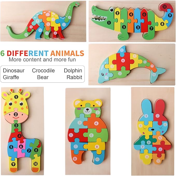 SHIERDU Wooden Puzzles for Kids, Toddler Number Puzzle, Old Wooden Dinosaur Puzzles and Animal Jigsaw Toys for Boy Girl Ideal Gift, 2-6 Years, Pack of 6, 2-1