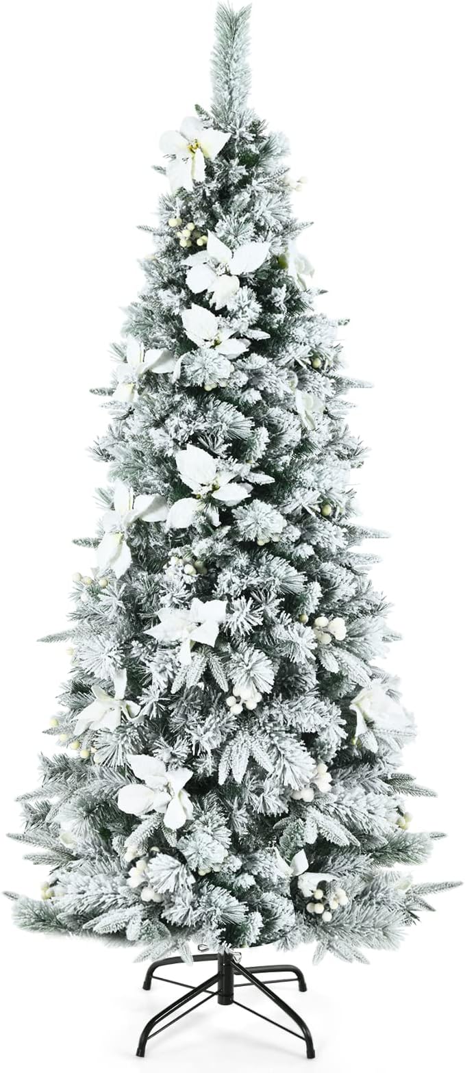 HappyGrill 6FT Skinny Pencil Christmas Tree with White Berries & Flowers, Hinged Artificial Tree with Metal Stand for Indoor/Outdoor