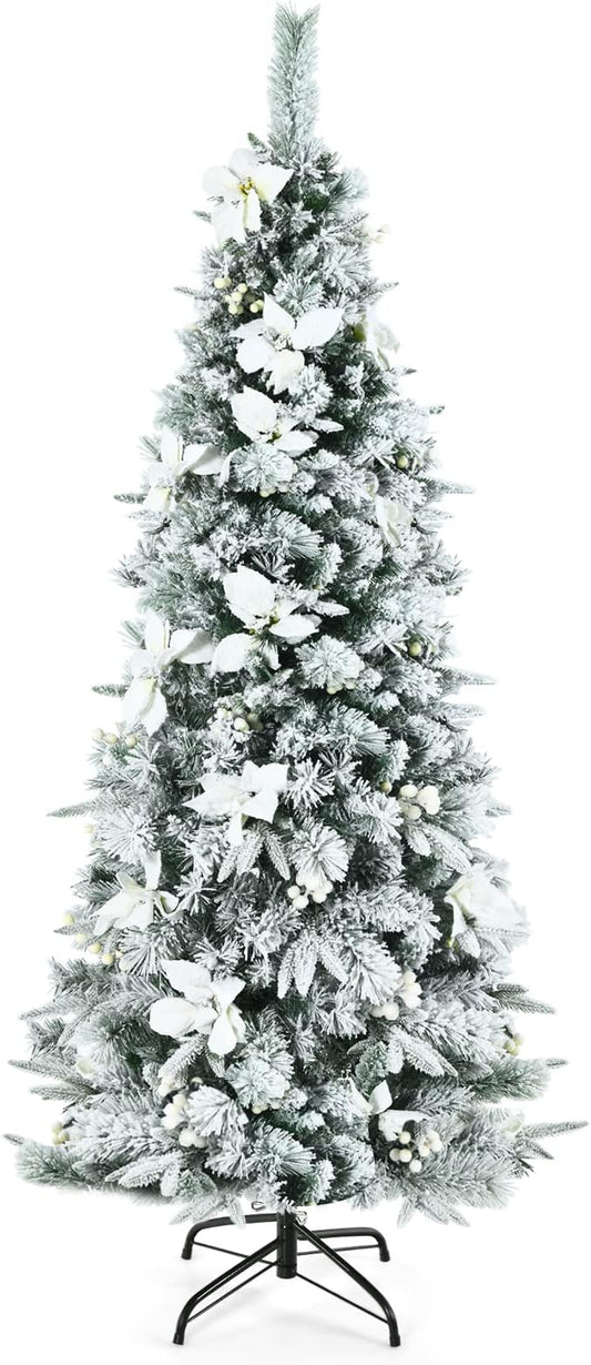 HappyGrill 6FT Skinny Pencil Christmas Tree with White Berries & Flowers, Hinged Artificial Tree with Metal Stand for Indoor/Outdoor