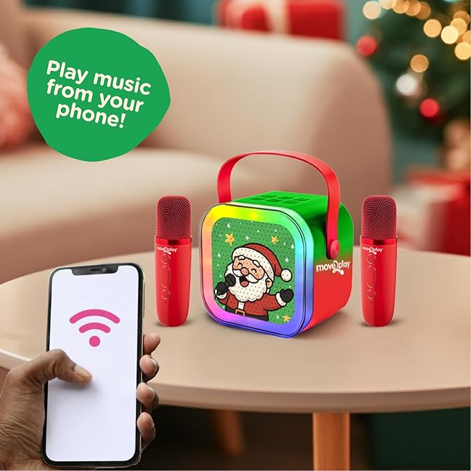 Move2Play, Christmas Karaoke Machine | Includes 8 Christmas Songs | Includes 2 Microphones | Bluetooth Wireless Music Player | Holiday Toy for Girls & Boys | Stocking Stuffer Idea