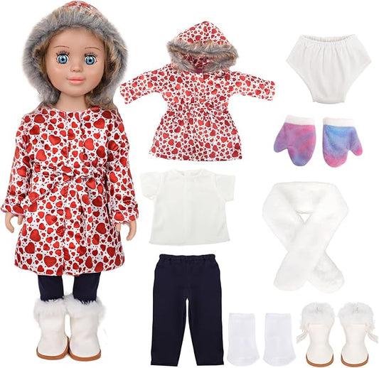 18-inch Doll Down Jacket, Winter Clothing, 5 Colors/Patterns, White-Red Heart Print, 18 inch Baby Doll Clothes, Accessories Set