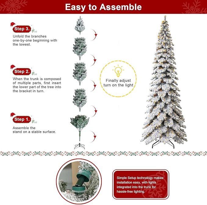 Glitzhome 12ft Artificial Christmas Tree, Pre-Lit Layered Flocked Slim Spruce Tree with 900 Warm White Lights and Foldable Metal Stand, Easy Assembly