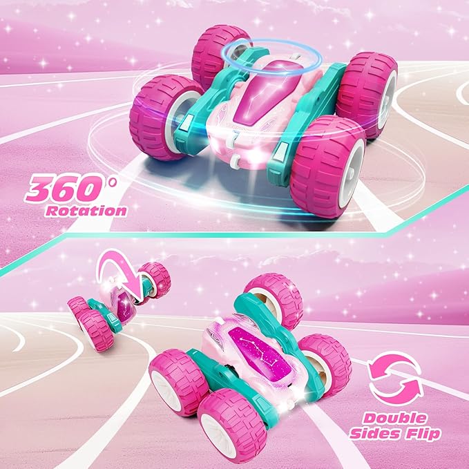 Tecnock Pink Remote Control Car for Girls and Boys, 2.4GHz RC Cars with USB-C Easy Charging, 4WD Double Sided 360° Rotates and Flips RC Stunt Car, Toys Gift for Kids Ages 6-8, 8-12