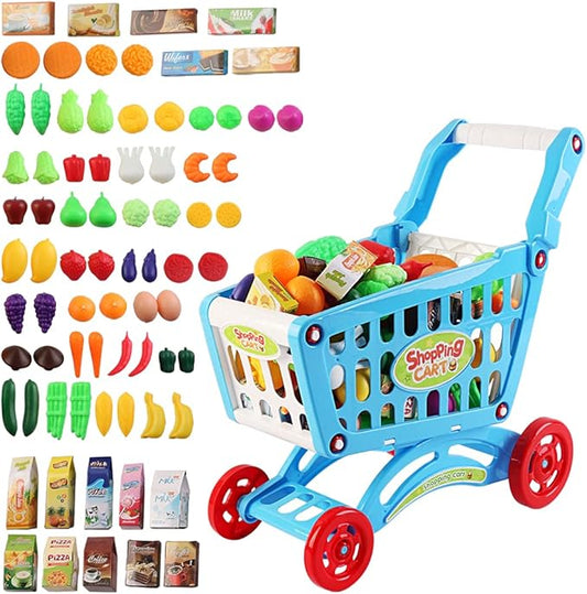 deAO Kids Shopping Cart Trolley Play Set Includes Over 70 Grocery Food Fruit Vegetables Shop Accessories Play Food Role Play Educational Toy (Blue)