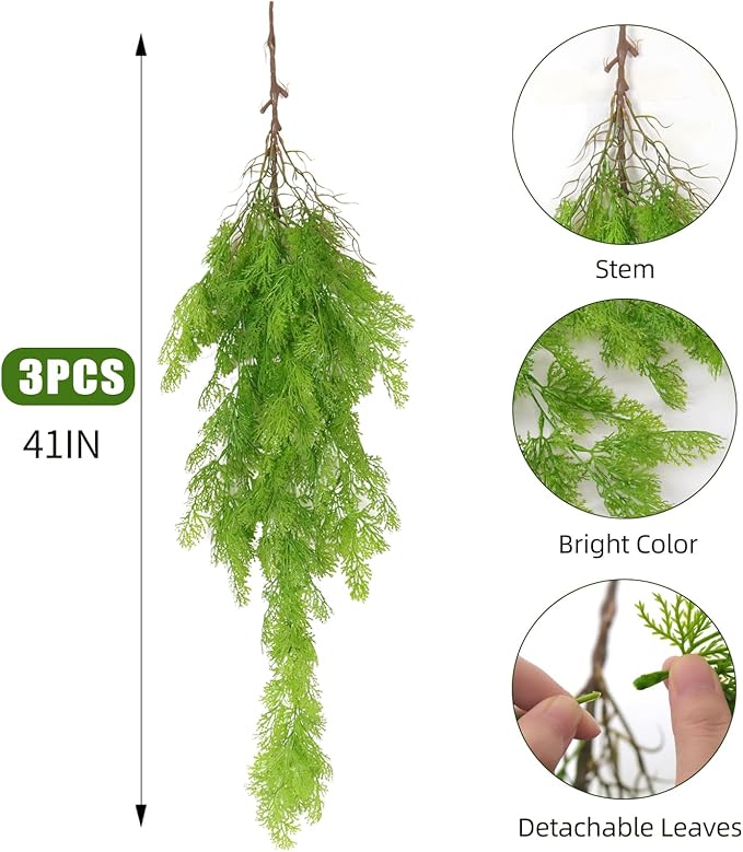 RECUTMS 3 Pcs Artificial Fake Hanging Ferns Plants Vine Ivy Outdoor UV Resistant Plastic Faux Plant for Outside Decoration (Green)