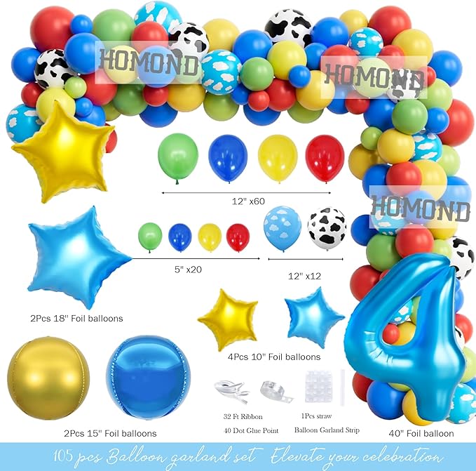 111 PCs Cartoon Toy 4th Party Decorations, Toy Themed Inspired Story Fourth Reach Four The Sky Birthday Decorations Backdrop Balloon Garland Arch Banner Tablecloth Cake Topper Blue