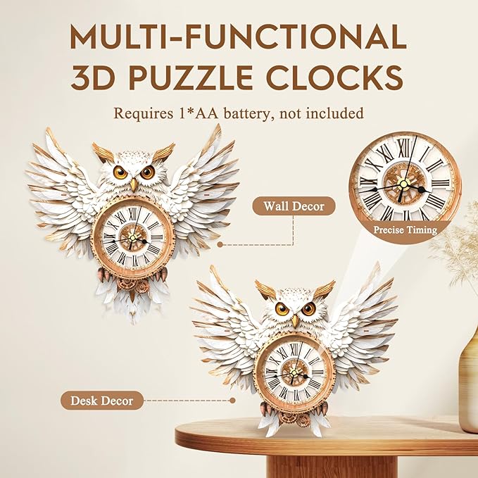 3D Puzzles for Adults Clock-Snowy Owl Design Model Kit-Mechanical DIY Pendulum Clock with Roman Numerals-Desk Home Office Decor Personalized Gift for DIY Lovers