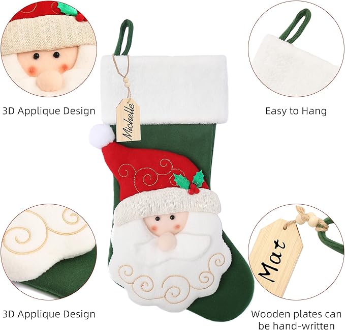 Christmas Stocking,21 inch Christmas Stockings with Wood Name Tag,3D Santa Christmas Stocking,for Family Holidays and Christmas Tree Fireplace Decoration(Green)
