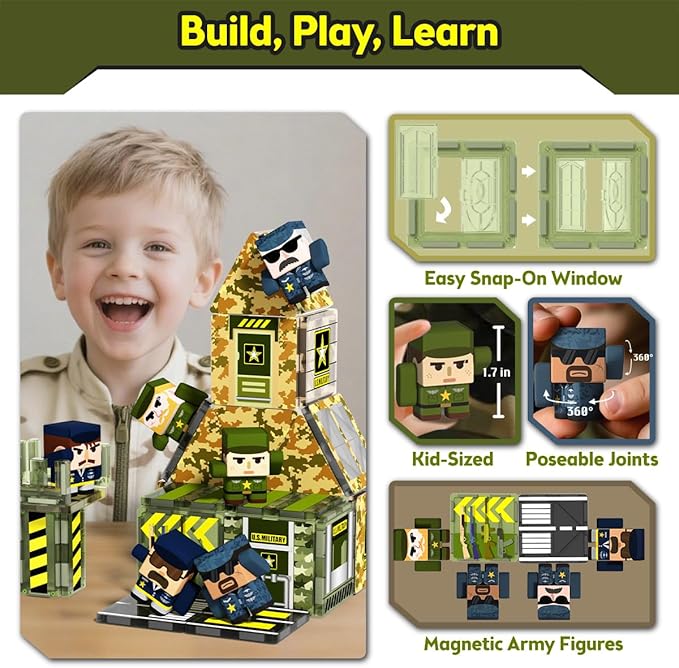 GobiDex 100PCS Army Magnetic Tiles Road Set, Military Magnetic Building Blocks with Toy Soldiers, STEM Construction Toys for Kids Ages 3-5 4-8, Christmas Birthday Gifts for 3+ Year Old Boys Girls