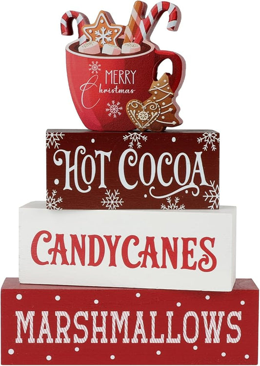 4 Pcs Christmas Table Decor Hot Cocoa Wooden Table Decorations Winter Tiered Tray Decor Christmas Centerpieces Farmhouse Wooden Block Signs Gift Xmas table Sign for Home kitchen Shelf