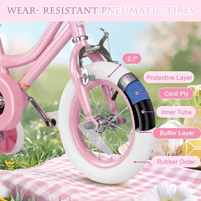 KORIMEFA Girls Bikes Ages 2-4 4-6 6-8 with Training Wheels 12 14 16 Inch, Little Small Kids Princess Toddler Bicycle with Streamers, Pedal Bike with Basket and Doll Seat, Coaster Brake, Birthday Gift