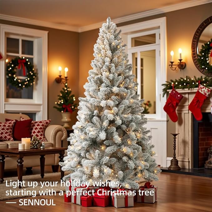 Prelit Christmas Tree with Lights 6ft - Premium Snow Flocked Artificial Xmas Tree,with 874 Branch Tips and 250 Warm Lightsm,Support Automatique,Perfect Choice for Christmas Decorations,White