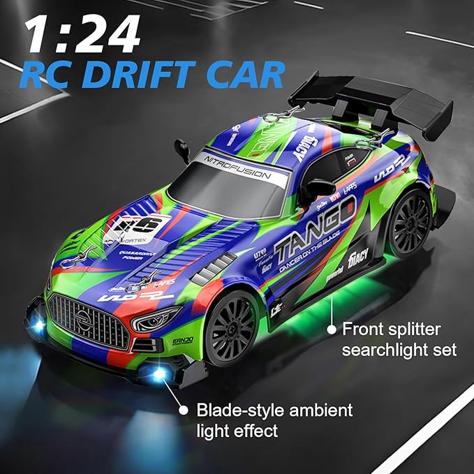 Drift RC Car for Electric Toy Car Hobby Racing Car Toys with Controller,1:24 4WD High Speed RC Drift Cars with LED Lights,Drifting Tires＆Two Batteries, for Adults & Kids