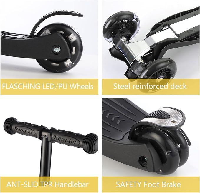 3 Wheel Scooter for Kids Ages 6-12,Kids Scooter with Light Up Wheels, Sturdy Deck Design, and 4 Height Adjustable Suitable for Kids Ages 3-12