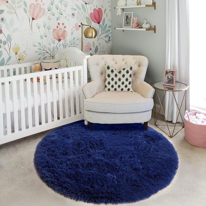 Navy Blue Round Rug 6Ft for Boys Bedroom, Large Fluffy Fuzzy Circle Area Rugs for Kids Playroom, Living Room Decor Aesthetic, Cute Shaggy Plush Floor Royal Dark Blue Carpet for Dorm Teen Baby Nursery