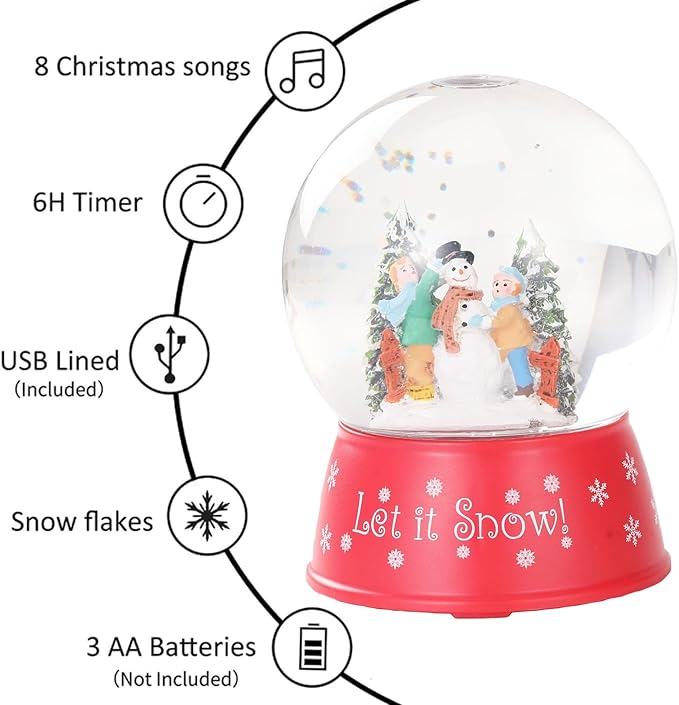 120mm Christmas Snow Globe Lamp - Red Base Musical Holiday Decoration Xmas Tree & Snowman with Timer, USB Power, Festive Room Light, Best Gift for Christmas,New Year