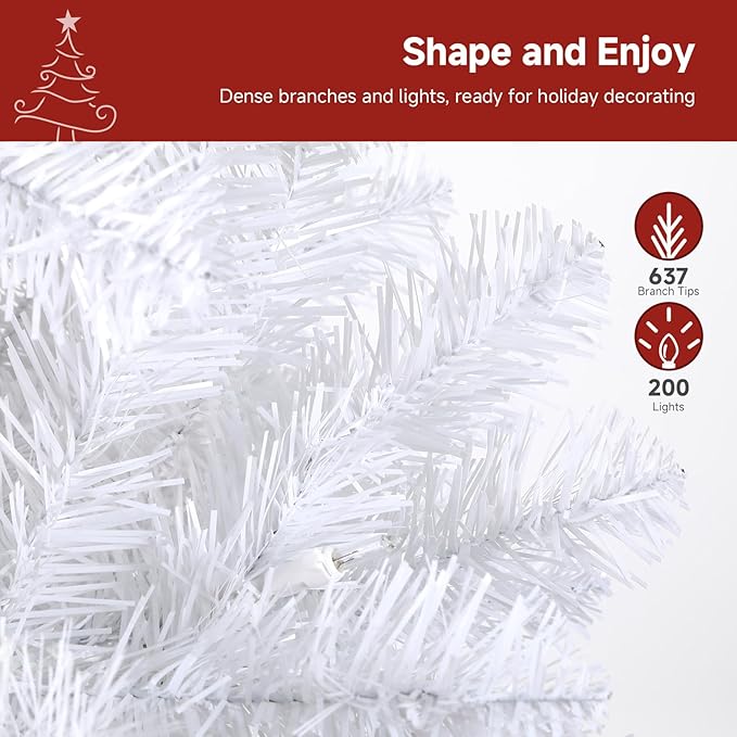SHareconn 6 ft Prelit Artificial Hinged Slim Pencil Christmas Tree with Warm White Lights, Full Branch Tips, Good Choice Decoration for Xmas Holiday, 6 FT, White