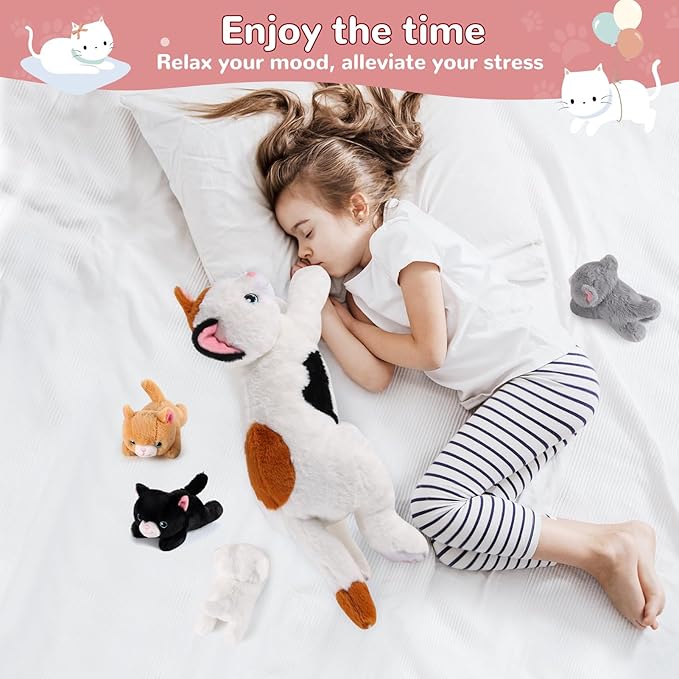 5 Pieces Cat Stuffed Animals with Babies Inside Belly - 1 Mommy Stuffed Cat with 4 Kittens - Stuffed Kitty Plush Toys for Kids Age 3-8, Gifts Ideal for Christmas, Valentine's, Birthday