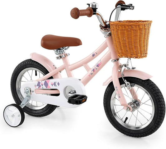 BABY JOY Retro Kids Bike, 12 14 16 18 Inch Child Bike for 3-8 Years Old w/Rattan Basket, Adjustable Height, Training Wheels, Fenders, Handbrake Coaster Brake, 95% Pre-Assembled Kids Bicycle for Girls