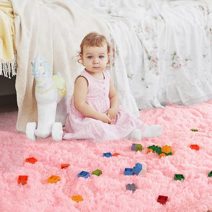Ompaa Pink 8x10 Feet Large Area Rugs Fluffy Living Room Carpet, Wall to Wall Big Shag Pink Rug for Bedroom Girls Playroom Classroom Nursery Home Office Decor