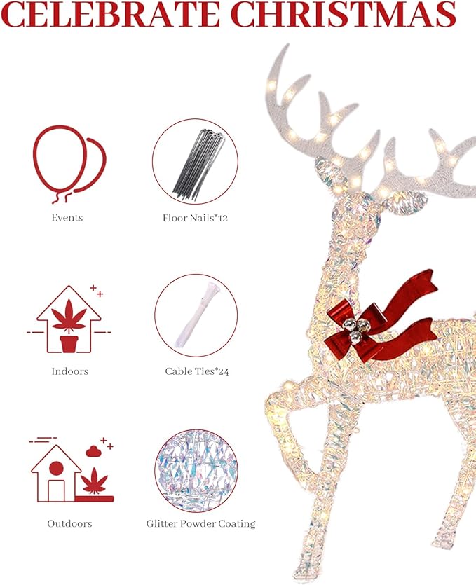 3-Piece Large Lighted Christmas Deer Family Set, 3D Reindeer Christmas Outdoor Decoration with 225 Warm White LED Lights, Ground Pegs, Cable Ties. Suitable for Patio Garden Party-Colorful