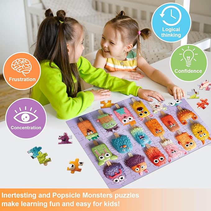 100 Piece Donuts Jigsaw Puzzle for Kids Teens Age 4-8 Gift Family Time Unique Shapes Cute Monsters Puzzle (Popsicle Monsters)