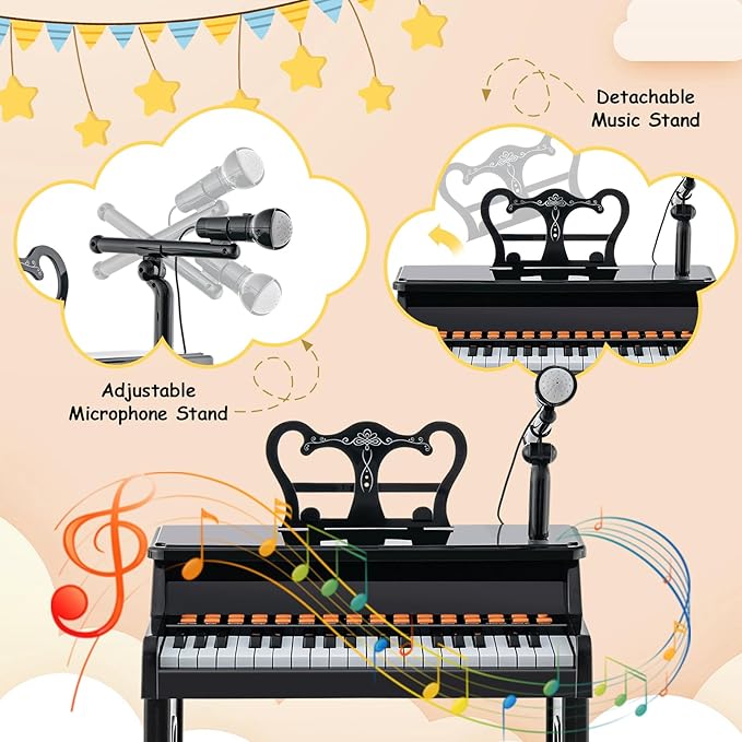 HONEY JOY Kids Piano, 37-Key Black Kids Keyboard Piano w/ Music Stand & Bench, Gift for Babies w/ Microphone, Portable Electronic Educational Musical Instrument, Toddler Piano for Girls Boys