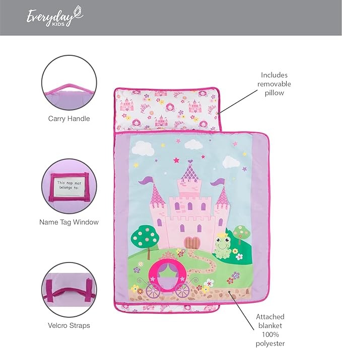 EVERYDAY KIDS Toddler Nap Mat with Removable Pillow -Princess Storyland- Carry Handle with Fastening Straps Closure, Rollup Design, Soft Microfiber for Preschool, Daycare, Sleeping Bag -Ages 2-6 years