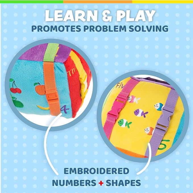 Buckle Toys Bingo Cube Toddler Plush Preschool Learning Activity Toy to Develop Fine Motor Skills, Embroidered Details to Teach Counting and Math with Small Storage Pocket