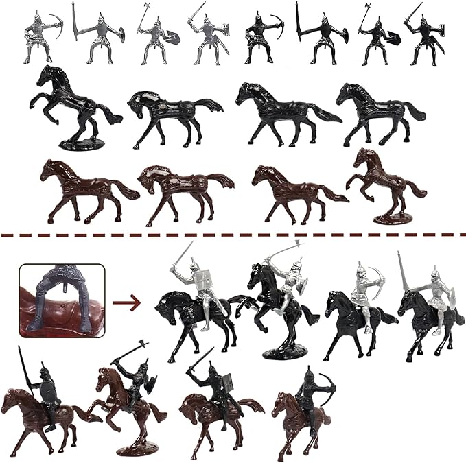 Medieval Castle Knight Toy Soldier Army Men Figurines, DIY Assembly Kit with Detachable Castle, 8 Knights, 8 Horses, 36 Soldiers, Simulated Siege War of Attack