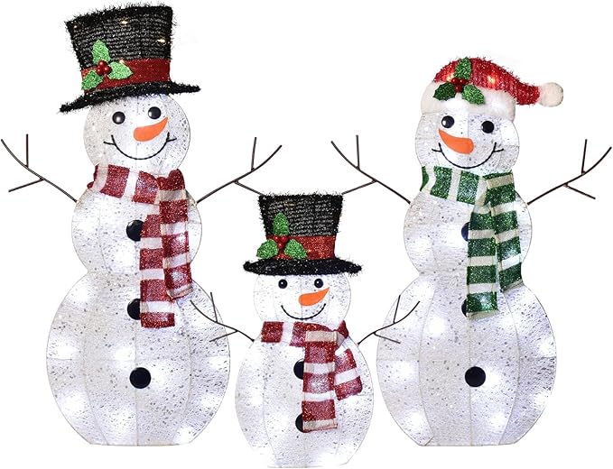 3-Piece 2D Light-Up Christmas Snowman Family Set - Large Outdoor Yard Decoration Holiday Decor with 80 LED Warm White Lights