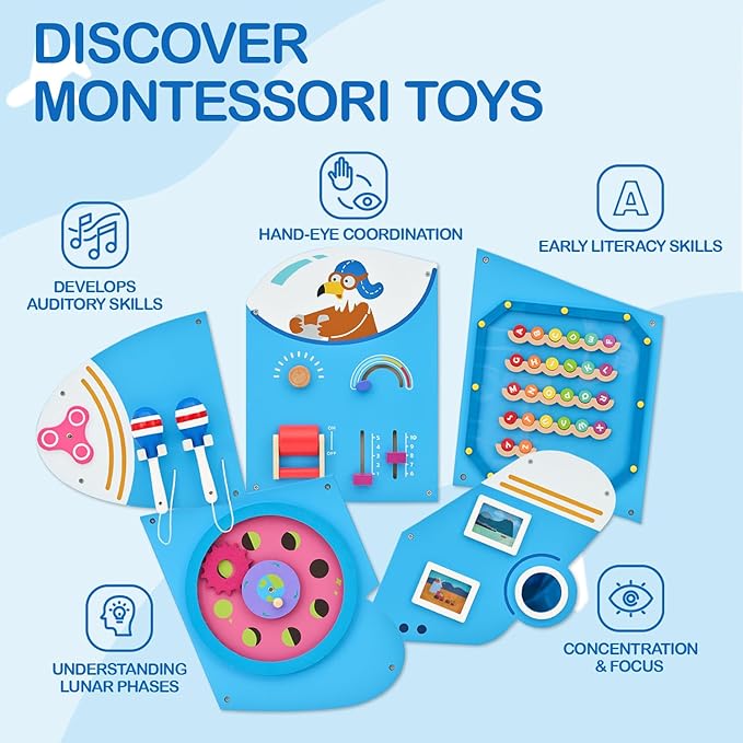 Monläurd® Wooden Airplane Activity Wall Panel for Kids, Wall Toys for Toddlers 1-3, Playroom Toys, Daycare Furniture, Montessori Busy Board