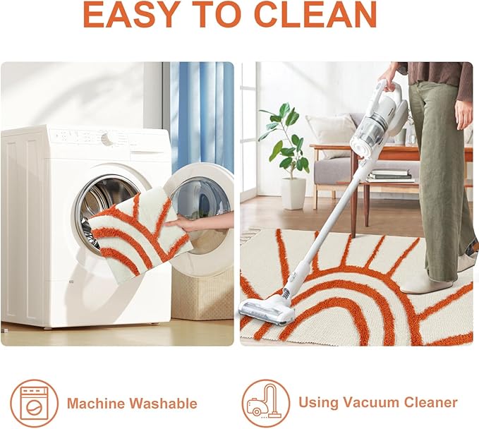 OJIA Boho Washable Rugs 5x8 Rug for Living Room Kids Room,Orange Sun Bedroom Carpet Soft Tufted Modern Farmhouse Cute Bedside Carpet for Dorm/Playroom/Nursery Room