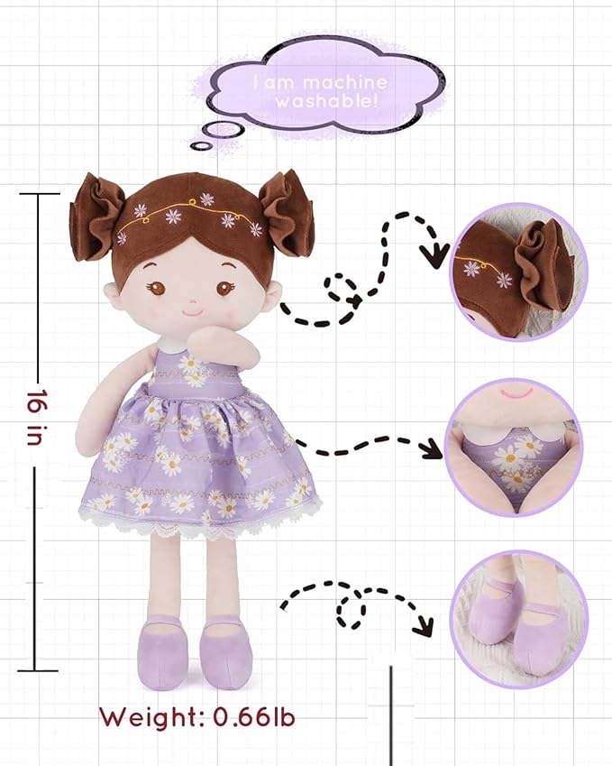 Soft Baby Doll Toys (16''), My First Baby Rag Doll for 1 Year-Old Girl Birthday Gift, Christmas Plush Toys Gift for Toddler Kids Infants-Daisy-Girl-Light-Purple
