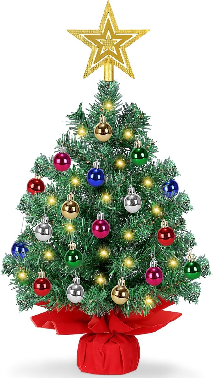 24 Inch Pre-lit Artificial Christmas Tree with 50 LED Lights, 8 Lighting Modes & Timer | Includes Star Topper and 30 Ornaments | Battery Powered Tabletop Decor for Home, Office